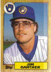 1987 Topps Baseball Cards      108     Jim Gantner UER#{(Brewers logo#{reversed)